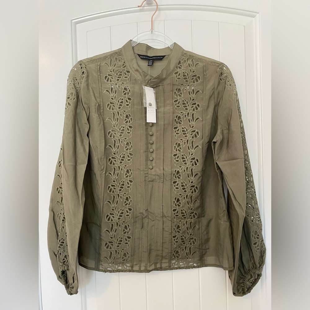 WHITE HOUSE BLACK MARKET Olive Green Eyelet Silk / Cotton Voile Blouse